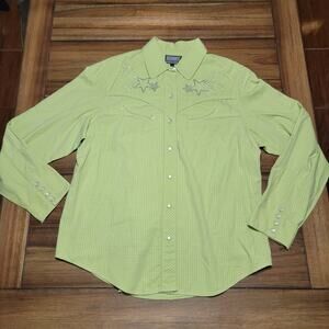 Rough Rider LS Pearl Snap Green Western Shirt w/ Bling Stars - Size Large